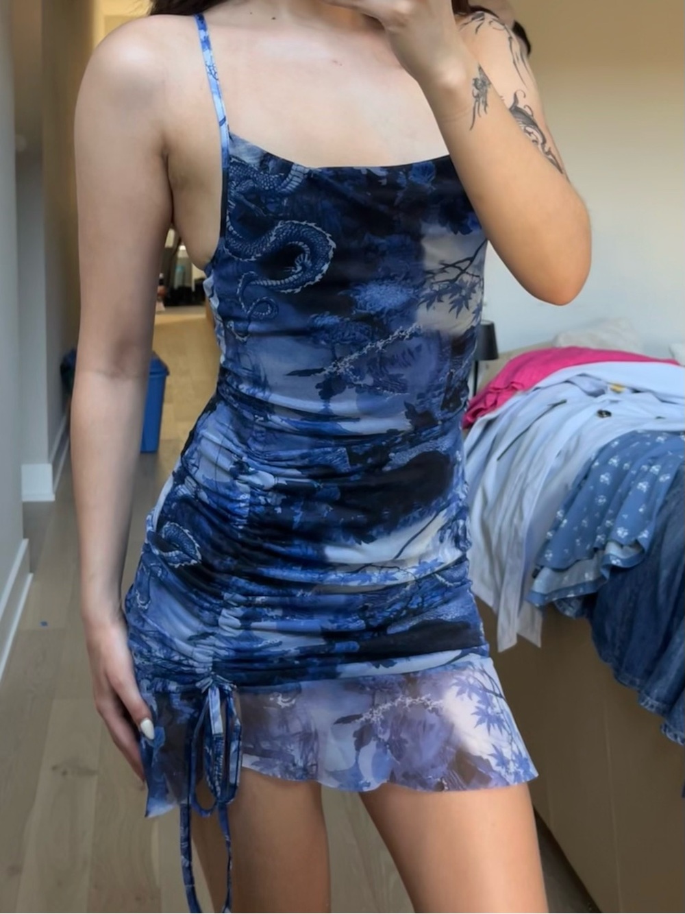 PrettyLittleThing Navy Blue Dragon-Print Sheer Slip Dress